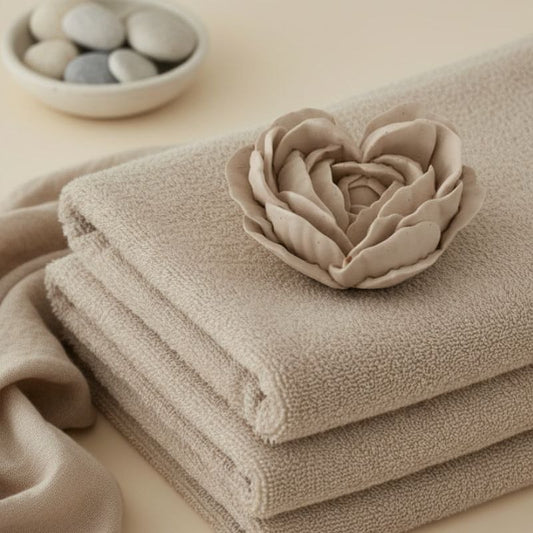 Heart fragrance stone with a taupe finish on folded beige towels