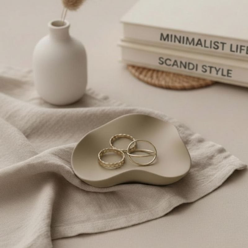 Wave tray with taupe finish with jewellery, a vase and books
