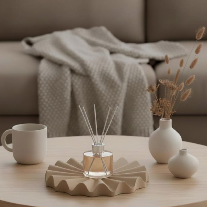 Decorative taupe fluted ribbed tray with a diffuser and vases on a table with a blurred sofa in the background.