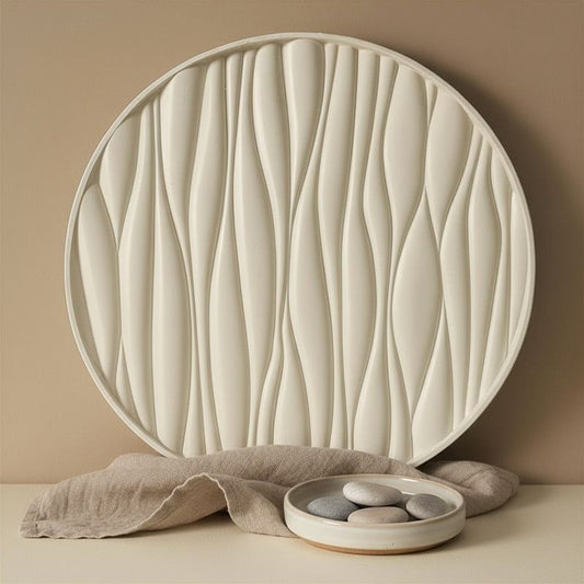 Round decorative wall piece with wavy texture on a beige background