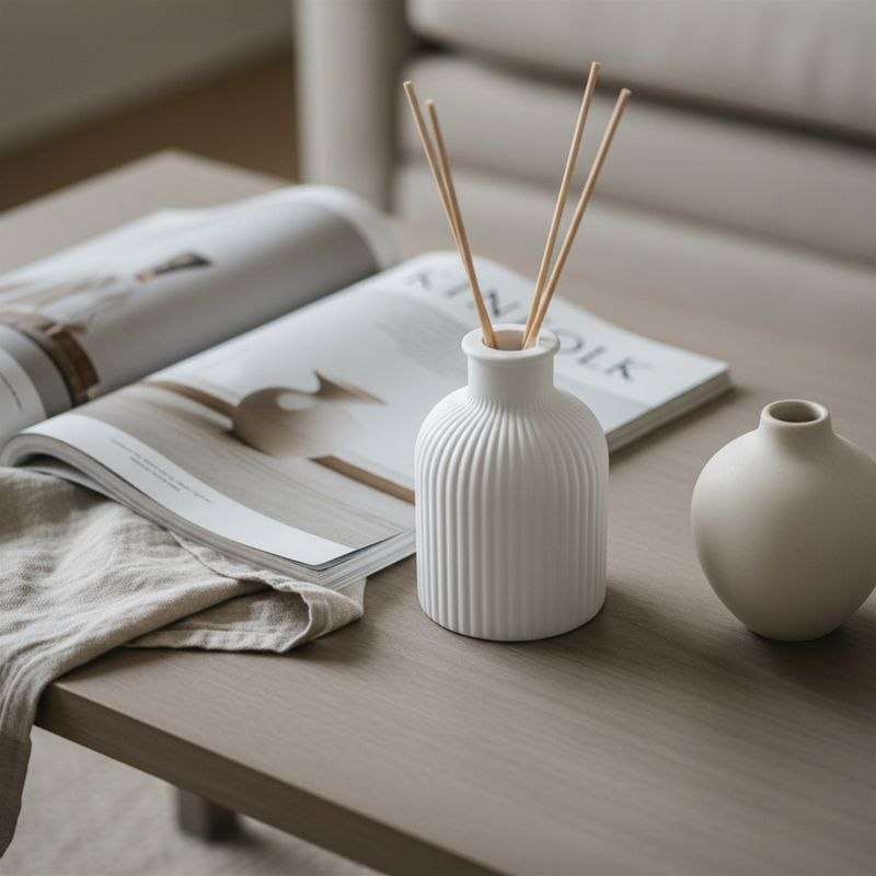 Natural reed diffuser on a coffee table with background decor