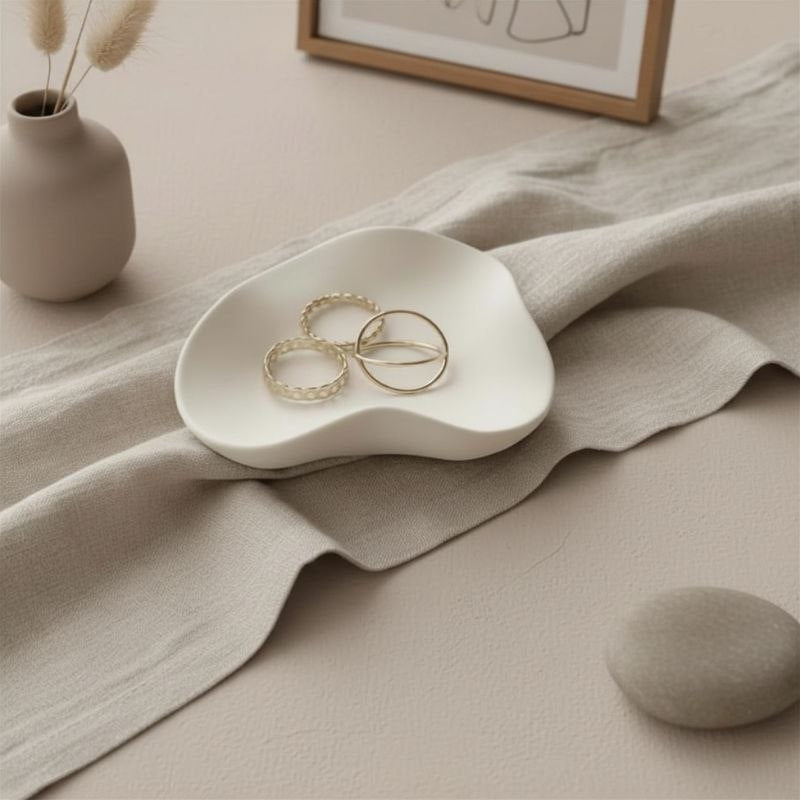 Wave tray with natural finish with gold jewellery, a vase and a framed print