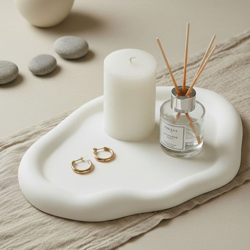 Natural Colour cloud Tray with glass diffuser, jewellery and candle on fabric