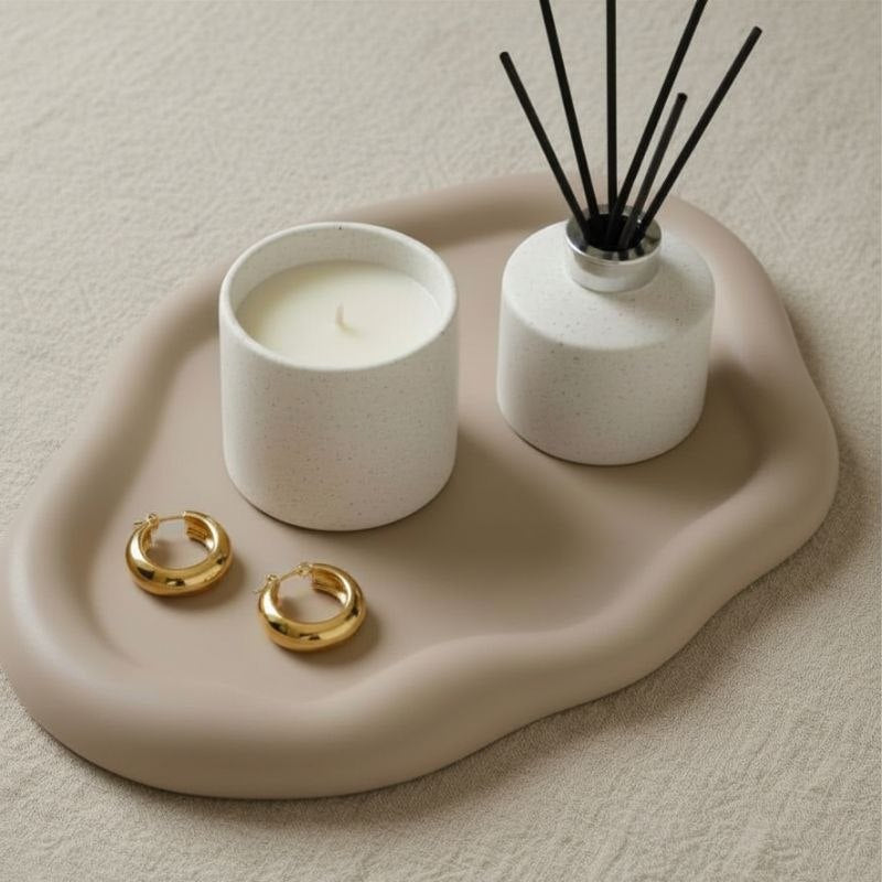 Taupe Colour cloud Tray with ear rings, candle holder and diffuser