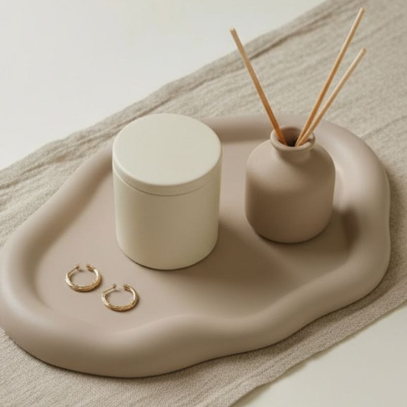 Taupe Colour cloud Tray with a ceramic diffuser, candle jar and jewellery
