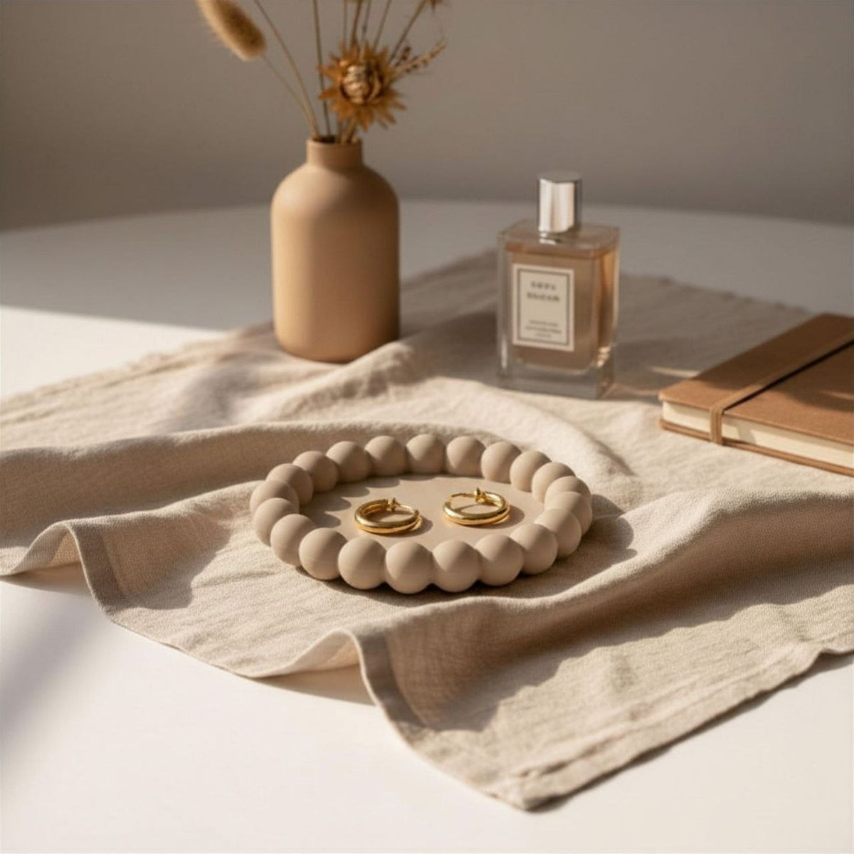 Taupe colour bubble tray with jewellery and decor in the background
