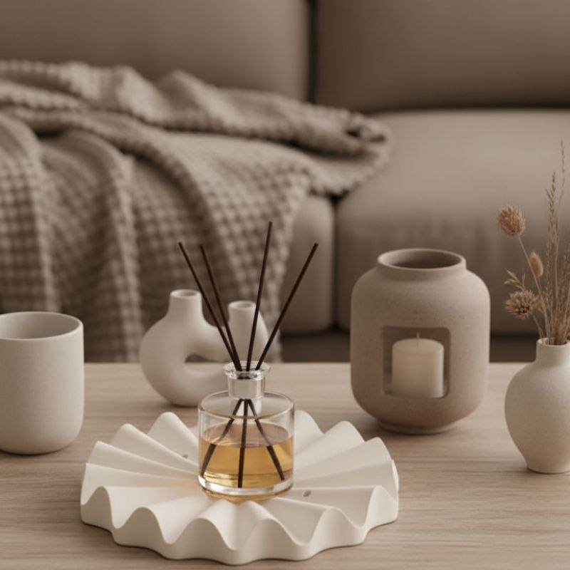 Decorative natural fluted ribbed tray with a diffuser, candle holder, and vases on a table with a blurred sofa in the background.