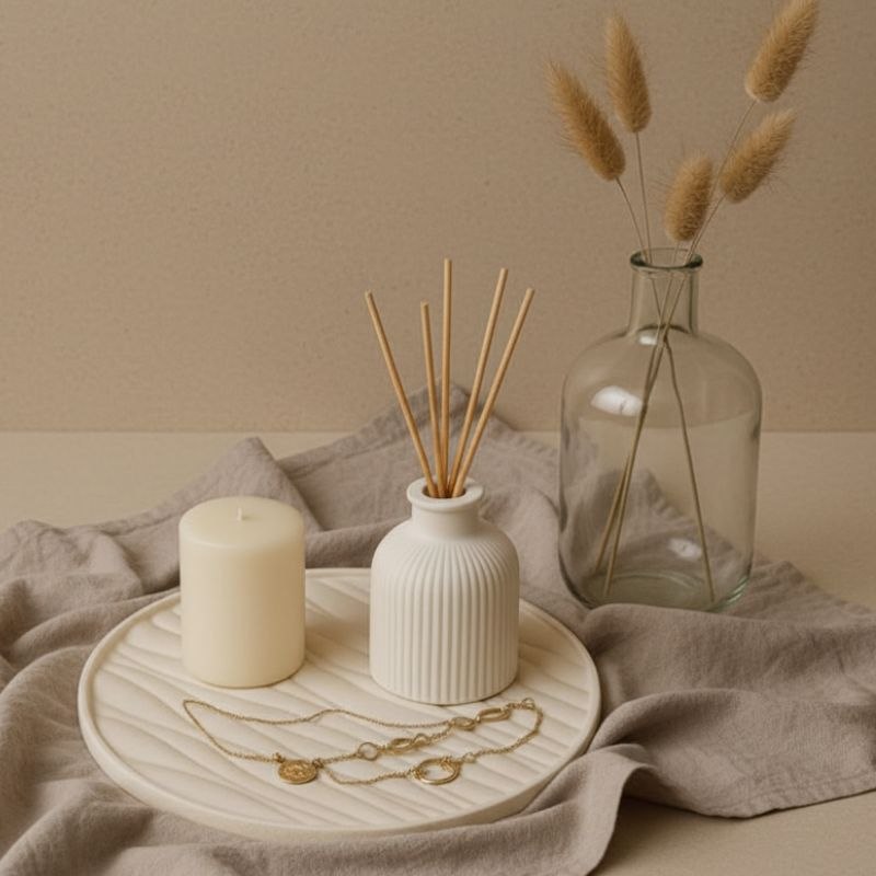 Decorative setting with a candle, vase, and dried plants on a neutral background