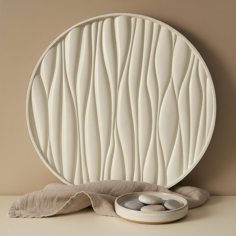 Round decorative wall piece with wavy texture on a beige background
