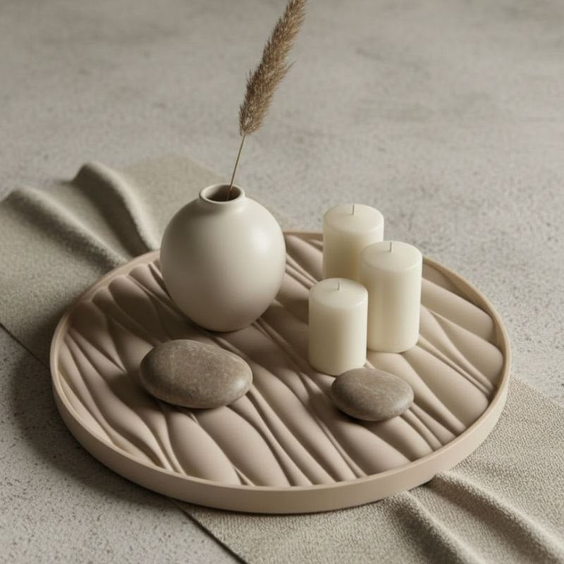 Round taupe tray with wavy texture on a light gray background