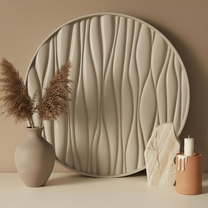 Decorative tray with wavy pattern in a neutral setting with a vase and candle.