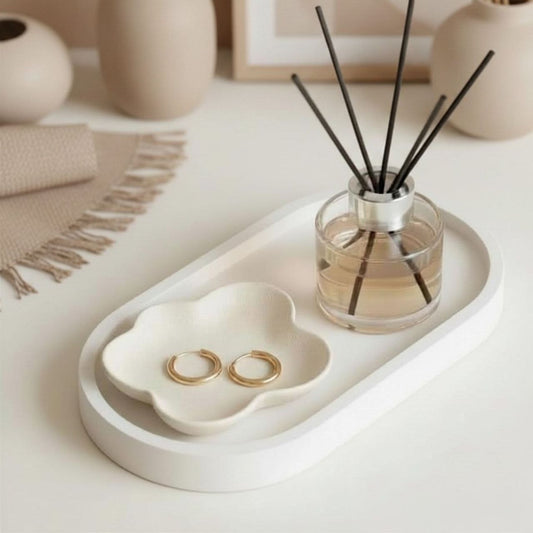 Natural finish oval tray with jewellery dish and diffuser with reeds
