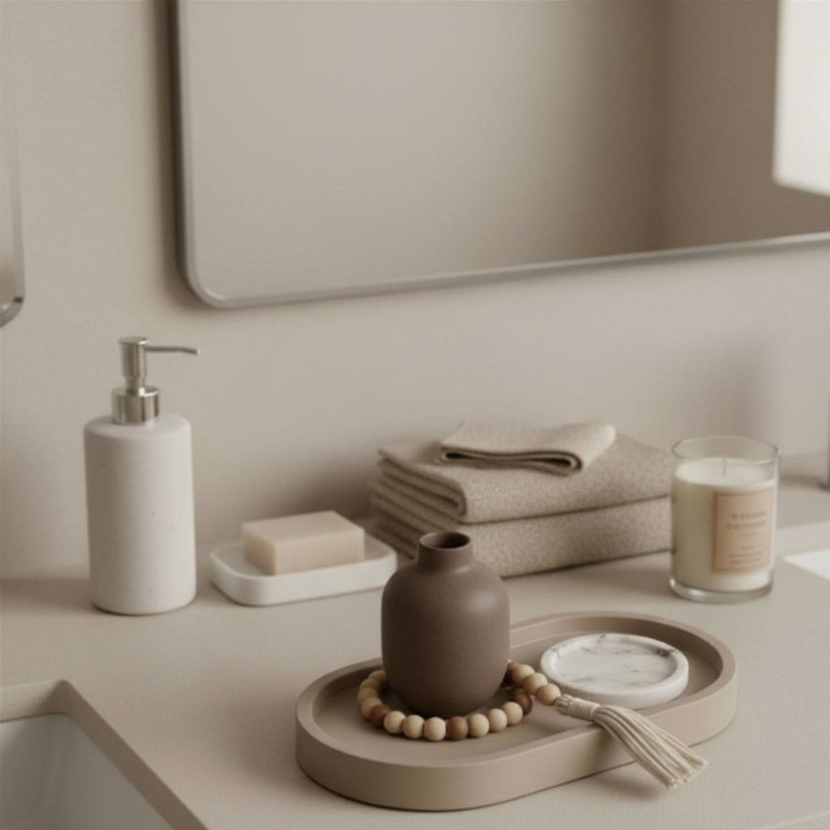 Bathroom counter with decorative items including a vase, candle jar, towels, oval tray and soap dispenser.
