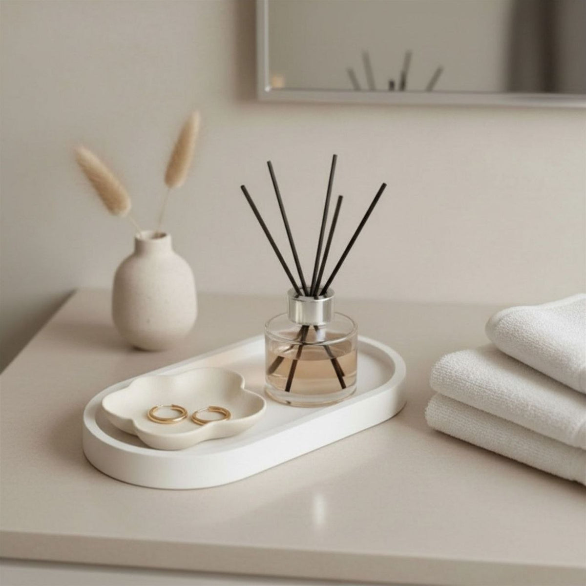 Bathroom vanity with a diffuser, vase, oval and folded towels.