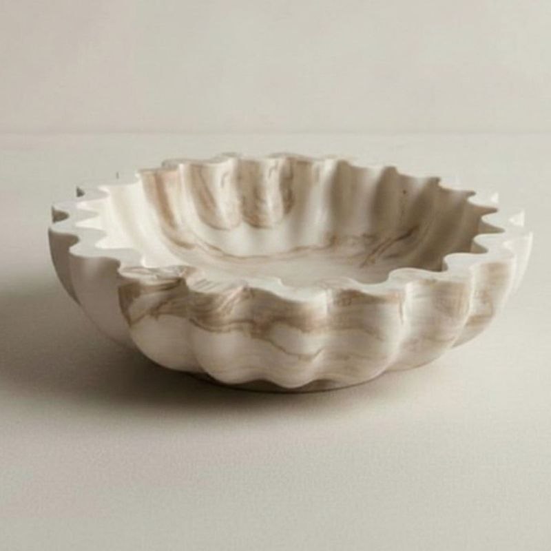 Fluted ribbed bowl with beige marble finish