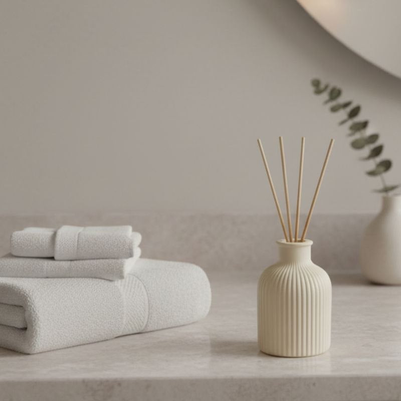 Sand finish reed diffuser on a bathroom vanity