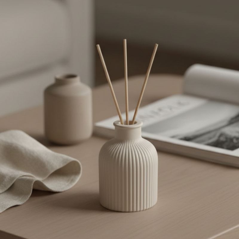 Mink finish reed diffuser on a coffee table with a magazine and a vase
