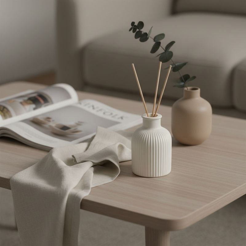 Stone finish reed diffuser on a coffee table with background decor