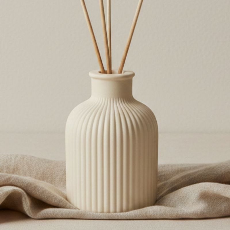 Sand finish reed diffuser on a fabric background