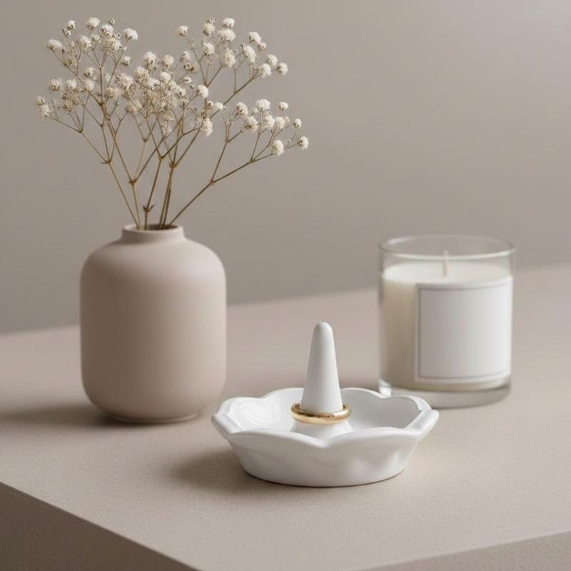 Ring holder in a natural finish on a bedside table with a candle and a vase