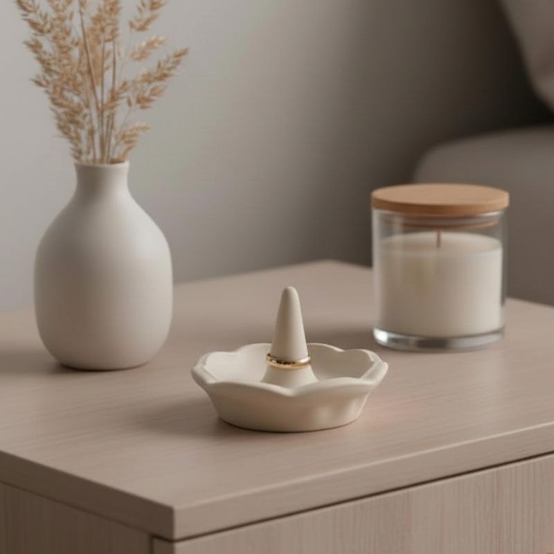 Ring holder in a beige finish on a beside table with a candle and a vase