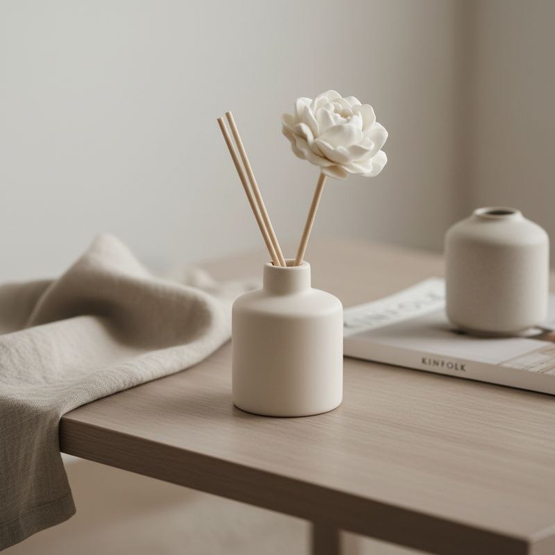 A ceramic diffuser with natural  peony diffuser flower and wooden sticks on a table with a vase and a magazine.