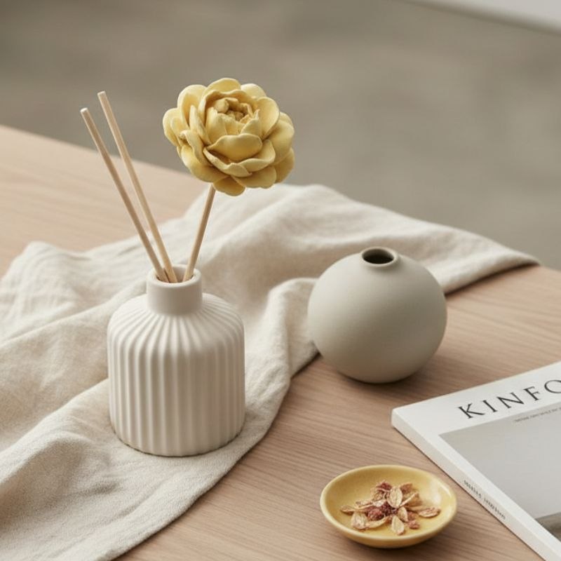White diffuser with soft ochre peony diffuser flower and wooden sticks on a coffee table with a vase, a ceramic dish and a magazine.