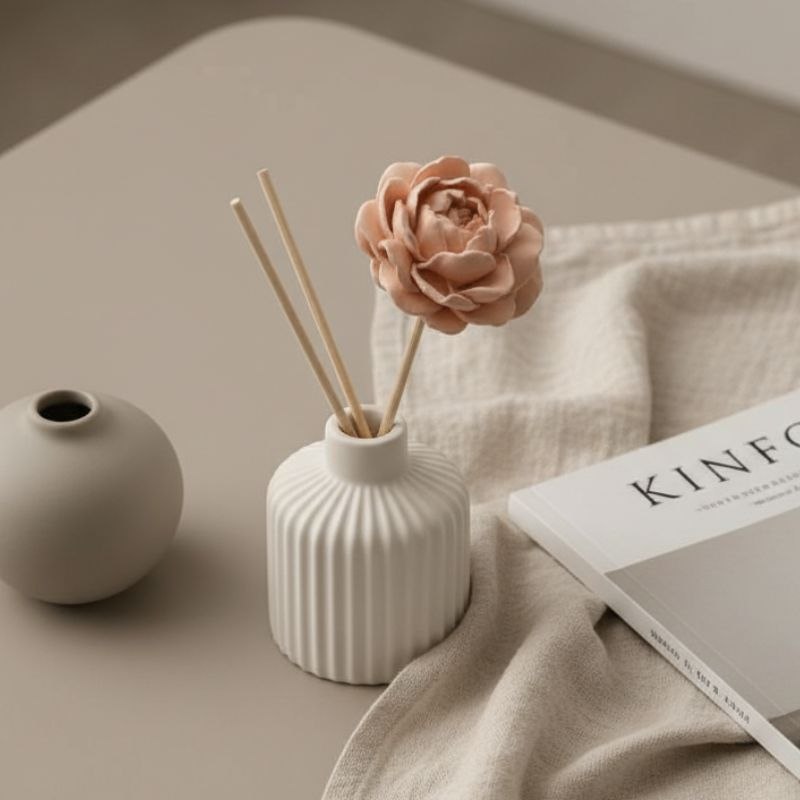 A light terracotta peony diffuser stick n a ceramic diffuser with reeds on a coffee table with a ceramic vase and a magazine