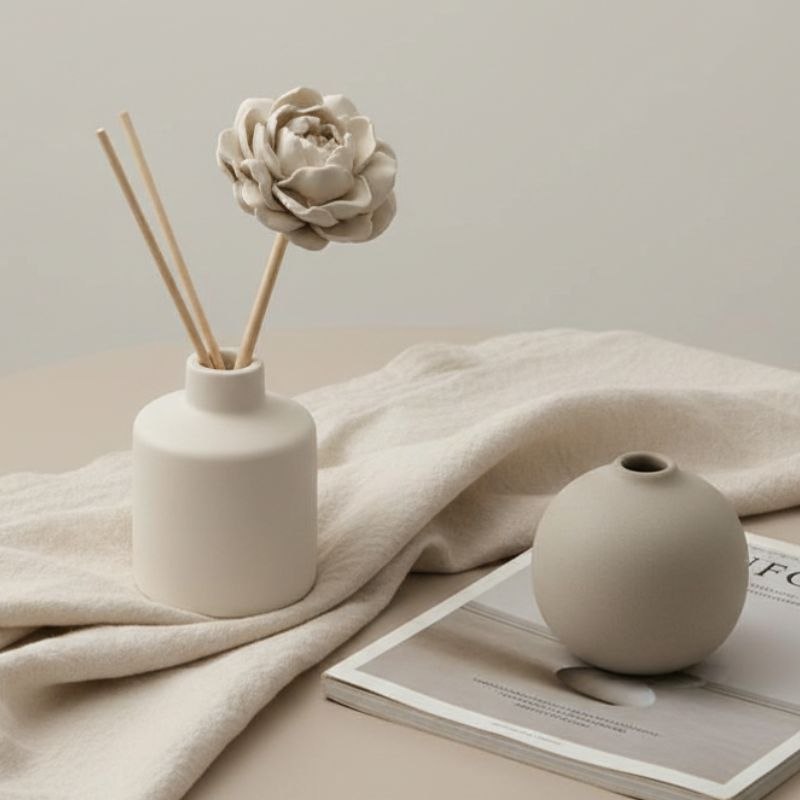 White ceramic diffuser with greige peony diffuser stick on a beige surface with a vase and a magazine