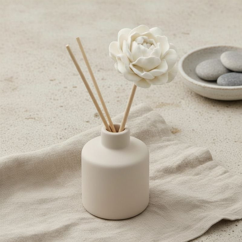 A ceramic diffuser with a natural peony diffuser stick and diffuser reeds on a fabric background