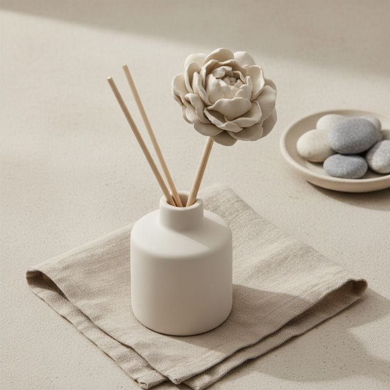 White ceramic diffuser with greige peony diffuser stick on a beige surface