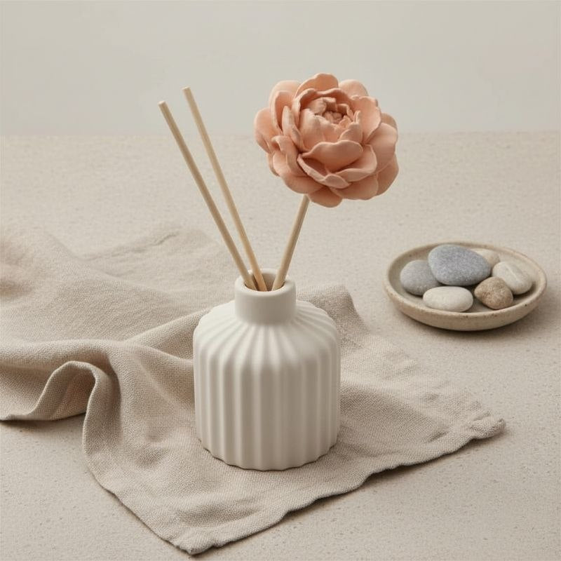 A light terracotta peony diffuser stick n a ceramic diffuser with reeds on a fabric background