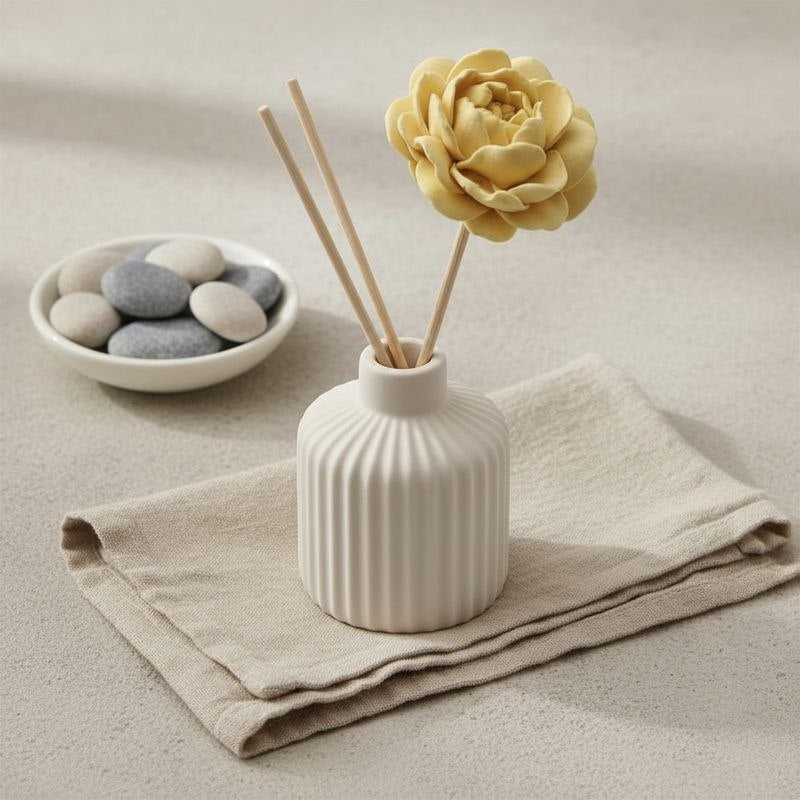 White diffuser with soft ochre peony diffuser flower and wooden sticks on a beige fabric background 
