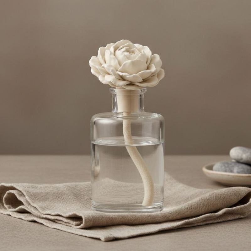 Clear glass diffuser bottle with a white floral peony topper on a light beige fabric background