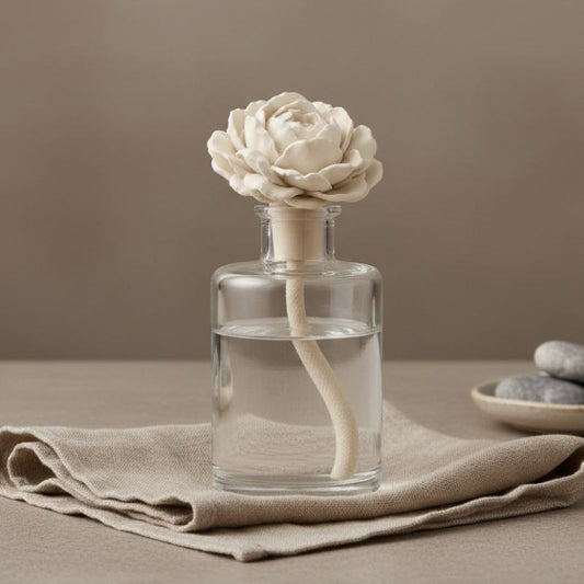 Clear glass diffuser bottle with a white floral peony topper on a light beige fabric background