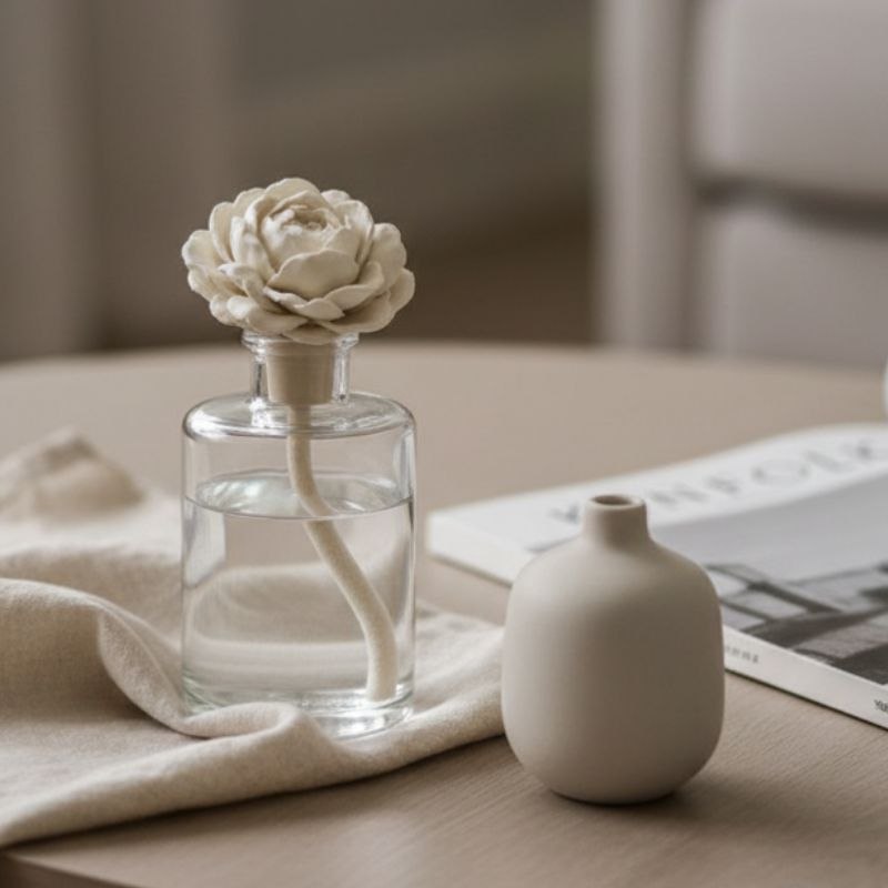 Clear glass diffuser bottle with a white floral peony topper on a coffee table with a ceramic vase and a magazine