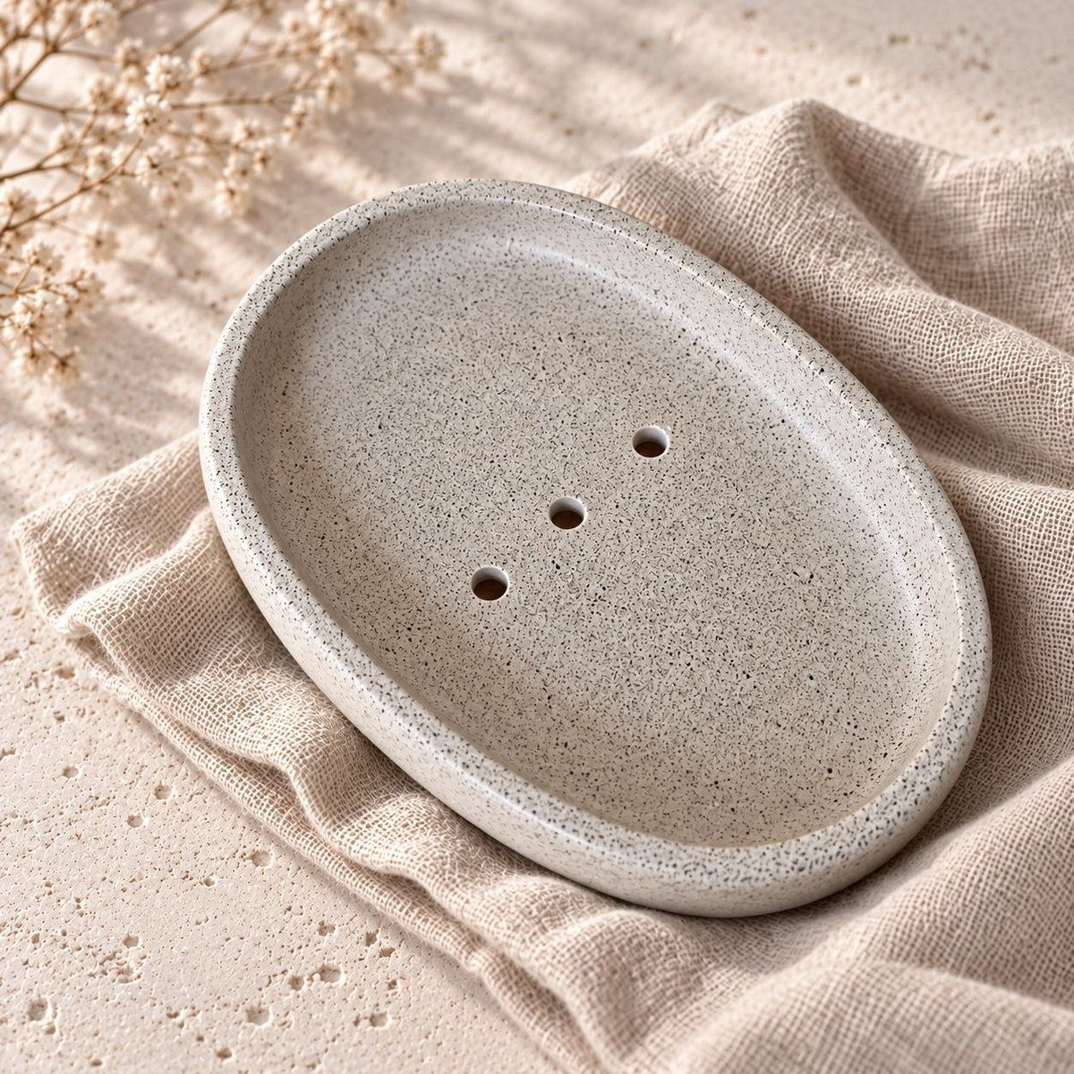 Light Taupe oval soap dish with a speckled finish, raised rim and three drainage holes, resting on beige fabric.